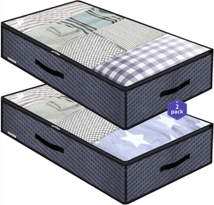 Detail of 2-pack grey non-woven underbed storage bins with clear window and handles