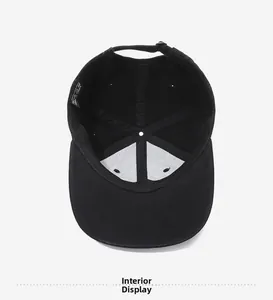 Detailed interior view of a black cotton hip hop cap showing inner lining and stitching