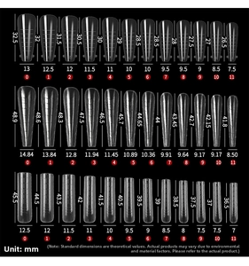 Detailed size chart for clear dual nail forms including almond, stiletto and square shapes