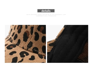 Detailed macro view of leopard print corduroy fabric texture and stitching on baseball cap