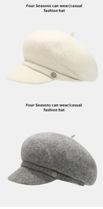 Detail of wool blend fabric texture and metal button on retro newsboy caps in beige and grey