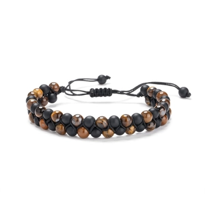 Tiger eye and matte onyx double-row beaded woven bracelet with adjustable cord closure