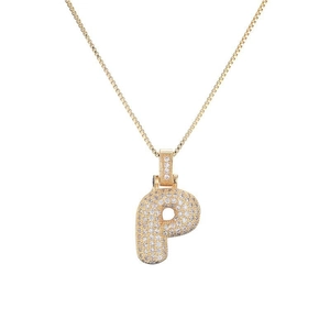 Detail of gold letter P pendant with micro-paved cubic zirconia on box chain necklace
