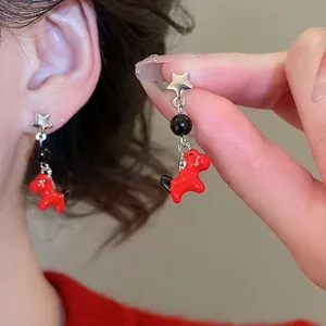 Enamel Red Horse Dangle Earrings Alloy With 925 Sterling Silver Earring Post Star Black Bead Retro Style For Women