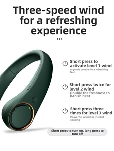Detail of dark green neck fan showing Type-C port, power button, and rose gold air inlet