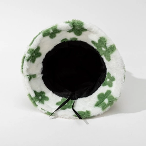 Fuzzy floral bucket hat with soft plush faux fur and adjustable inner drawstring