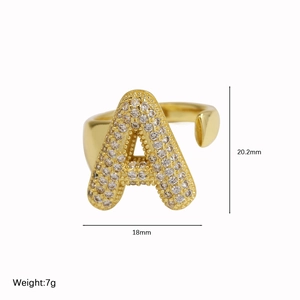 18k gold plated balloon bubble letter A open ring with cubic zirconia pave stones