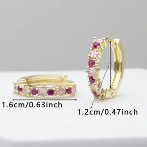 Gold hoop earrings with pink and red zircon stones, 1.6cm outer diameter size display