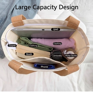 Large capacity off-white canvas tote bag with brown straps showing daily essentials storage