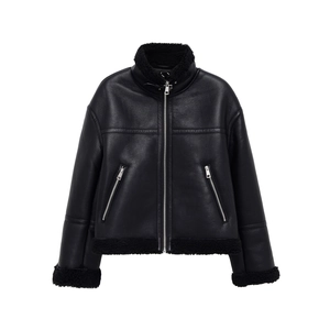 Women Faux Leather Aviator Jacket With Faux Shearling Trim Lapel Zipper Motorcycle Casual Short Coat Outwear