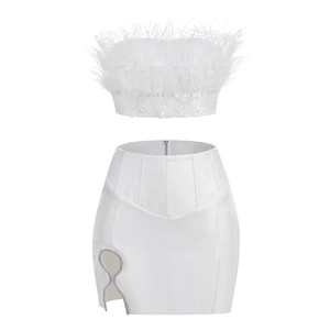 Elegant white sequin crop top with feather trim and a matching satin mini skirt set