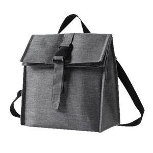 Grey insulated lunch bag with buckle closure and adjustable strap for work or school