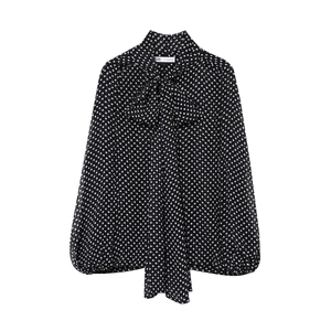 Retro black polka dot chiffon cape blouse with large bow tie neck and long sleeves
