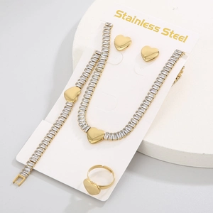 Parure bijoux cœur en acier inoxydable doré avec collier bracelet bague et boucles