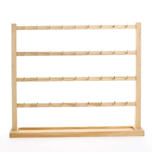 Solid wood 4-tier earring organizer display stand with 40 metal hooks and base tray