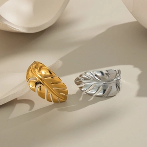 Monstera Leaf Ring Stainless Steel 18K Gold Plated Waterproof Hypoallergenic Open Adjustable Tropical Jewelry For Women