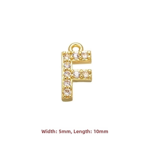 Close-up of a gold-plated letter F pendant with zircon pavé measuring 5mm by 10mm
