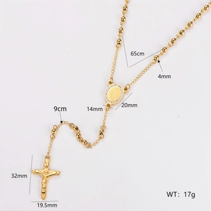 Collier chapelet doré avec pendentif croix et médaille incluant dimensions en 65cm de long