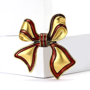 Fashion vintage alloy enamel bow brooch with gold and deep red finish for women