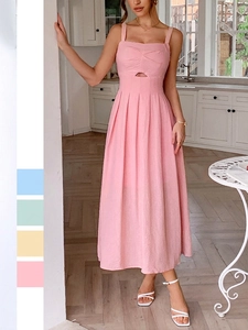 Women Midi Dress Polyester Strappy Camisole Cut Out Square Neck Pleated A-Line Casual Vacation Resort Summer