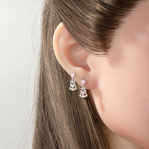 Silver bow stud earrings with pink heart zirconia and dangling fan pendant for women