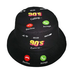 Black 90'S Calling fisherman hat with retro neon smartphone call screen graphic print