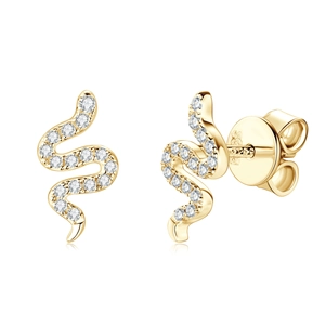 Detailed view of S925 silver snake earrings with gold finish and moissanite inlay