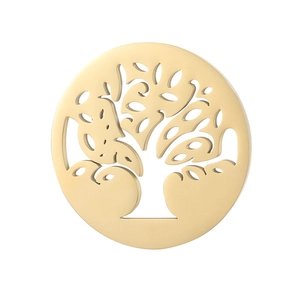 Detailed macro view of golden hollowed-out tree of life pendant in stainless steel