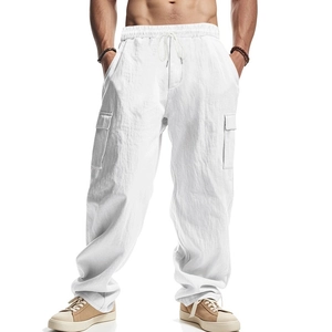Men's white lightweight cargo pants with linen texture and loose straight leg cut
