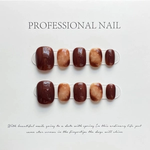 Handmade Caramel Amber Marble Press On Nails Short Round Square Full Cover Fake Nails With Tool Kit Glossy Manicure For Women