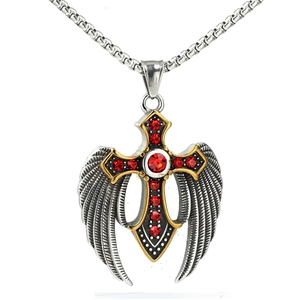 Titanium steel cross necklace with angel wings and red gemstone inlay for men