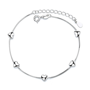 Elegant silver heart link bracelet with polished charms and adjustable box chain