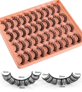 Detail of 30 pairs D-curl eyelashes showing 12-16mm length specs and dense volume layers