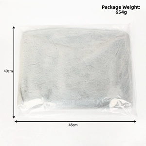 Flat lay of gray plush cat hammock in packaging with 40x48cm dimensions and 654g weight