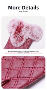 Macro detail of quilted burgundy PU leather gloves with plush pink fur cuff trim