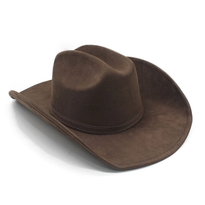 Detailed close-up of dark brown suede cowboy hat with stitched brim and dented crown