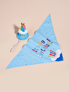 Close-up of blue dog birthday set with a printed bandana and soft cone hat