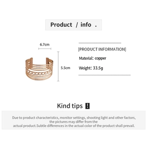 Detail specifications of rose gold hollow multi-layer copper cuff bracelet showing dimensions
