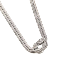 Silver snake bone double chain necklace with central woven knot design in titanium steel
