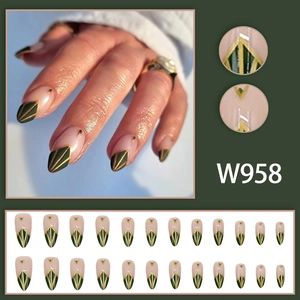 Olive green press-on nails with gold lines in a chic diamond geometric almond shape
