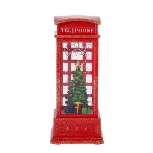 Lanterne cabine téléphonique de Noël rouge avec sapin intérieur et effet neige brillante
