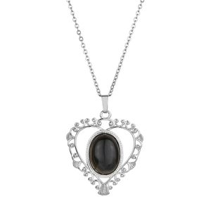 Collier à pendentif cœur vintage avec pierre d'onyx noire et finition en métal argenté