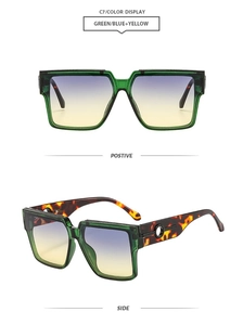 Front and side view of square green acetate sunglasses with blue and yellow gradient lenses