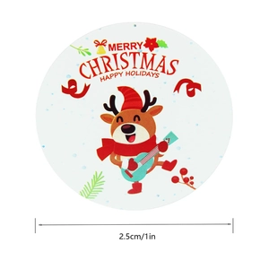 Cartoon reindeer playing guitar Merry Christmas round holiday gift label sticker 2.5cm