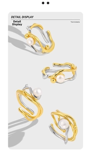 Detailed view of bicolor irregular open ring featuring embedded freshwater pearl