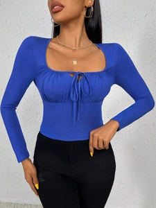Camiseta Mujer Cuello Cuadrado Manga Larga Cordón Fruncido Ajuste Estrecho Crop Top Color Sólido