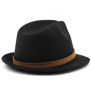 Close-up of black suede fedora hat featuring a brown leather band and rivet details