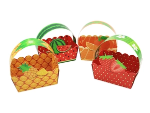 Detail of fruit themed gift boxes featuring pineapple, watermelon, and strawberry designs