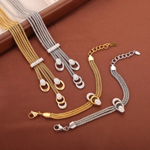 Gold and silver plated titanium steel layered necklace and bracelet set with diamonds