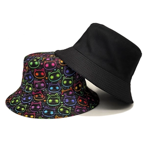 Classic and neon cartoon cat pattern bucket hats in black cotton canvas for sun protection